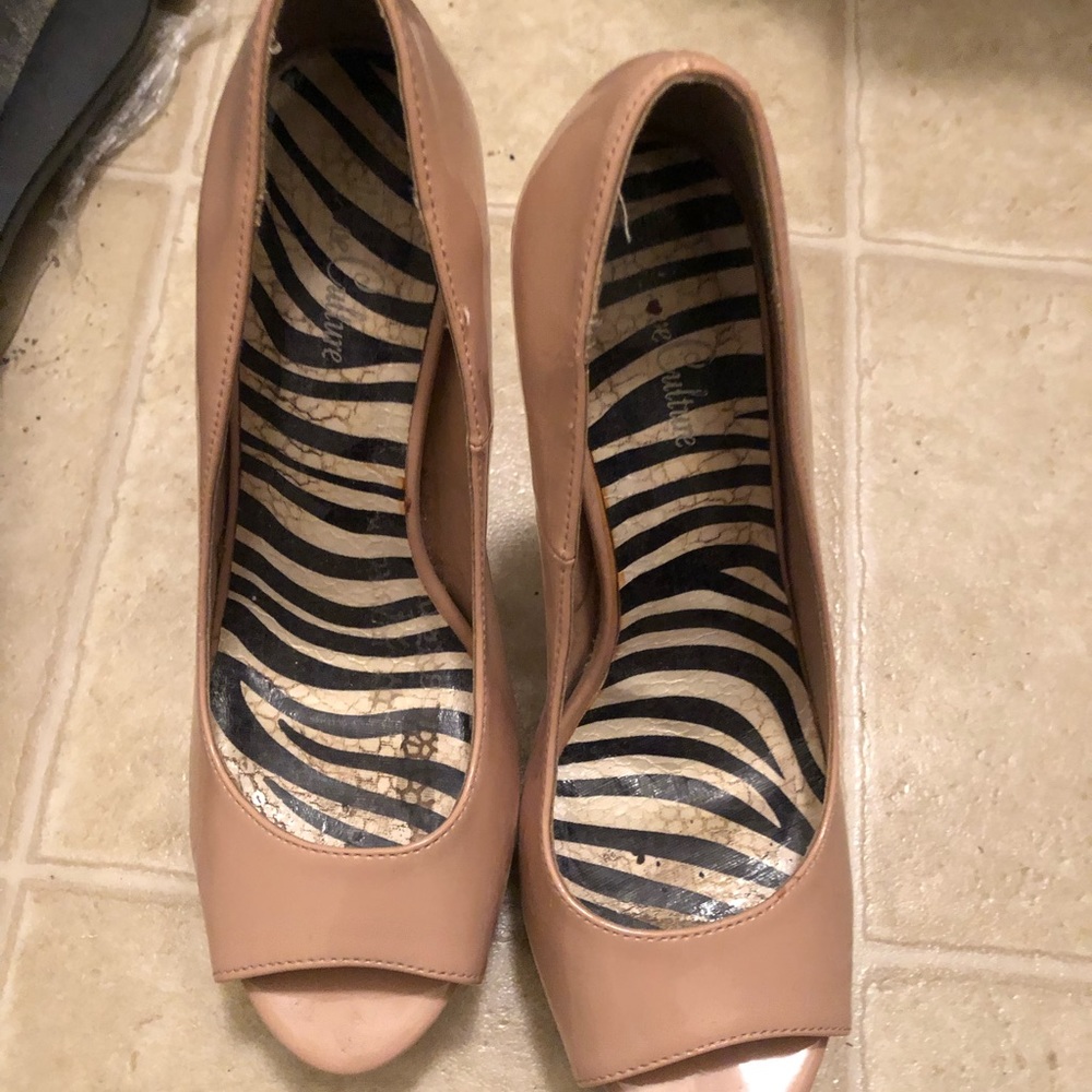 Nude open toe heels